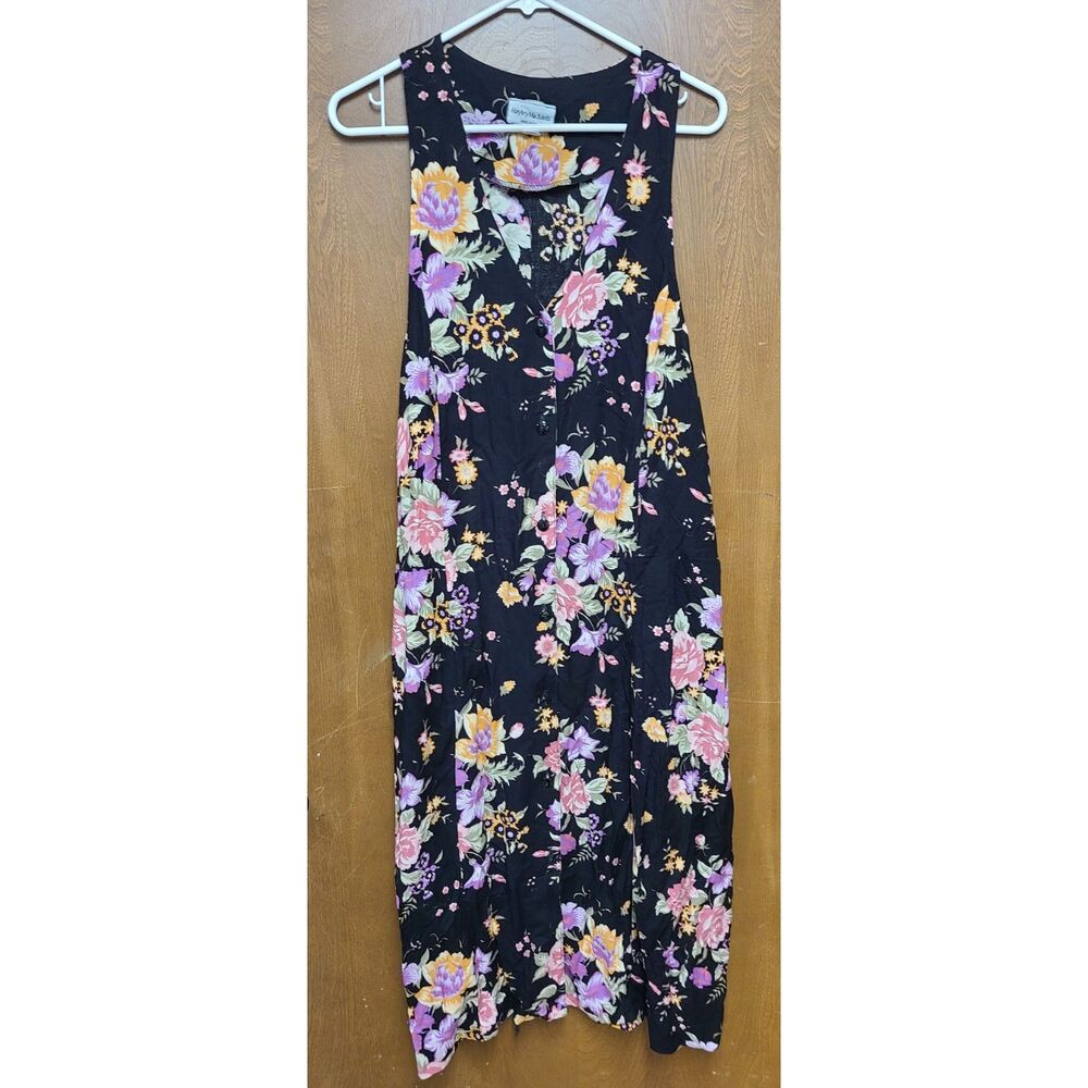 Hayley Michaels Vintage Floral Maxi Dress M 90's Black Magenta Button Front Boho